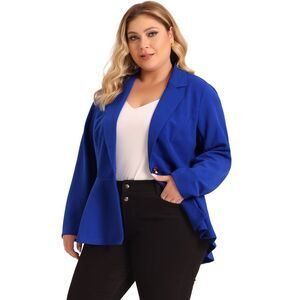 Women's Plus Size Ruffle V Neck Button Notch Panel Peplum Blazers Cobalt Blue